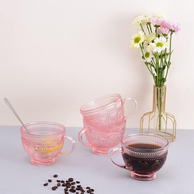 Vintage Glass Coffee Mugs with Handle-14 oz Pink Embossed Glass Cups - Image 5
