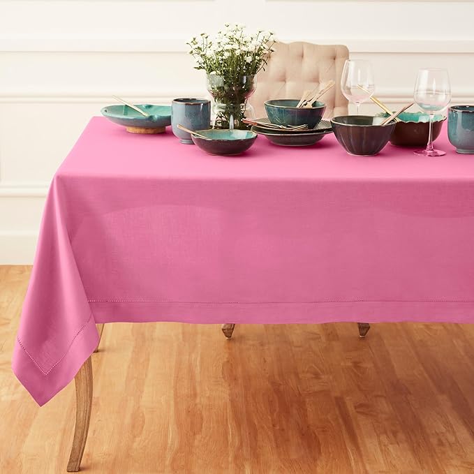 Solino Home Flamingo Pink Linen Tablecloth 60 x 132 Inch - Classic Hemstitch, 100% Pure Linen Rectangular Tablecloth - Machine Washable Table Cloth for Valentines, Spring, Easter