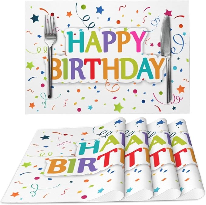 Happy Birthday Placemats Set of 4 Washable Table Place Mats for Dining Kitchen Party Decor