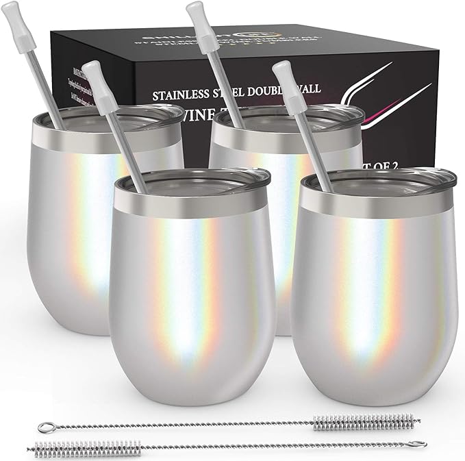 CHILLOUT LIFE 12 oz Stainless Steel Wine Tumblers 4 Pack - Double Wall Vacuum Insulated Wine Glasses Cups with Lids and Straws Set Keeping Cold & Hot for Coffee, Beer, Ice Cream - Holographic Glitter