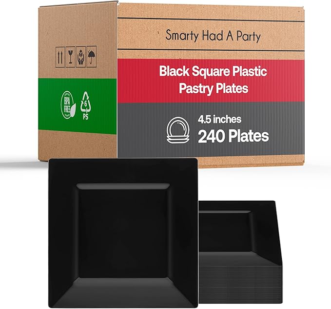 Smarty Had A Party 240 Small Disposable Plastic Plates, Heavy Duty Black 4.5" Pastry Square Plates, Bulk Party Supplies for All Occasions