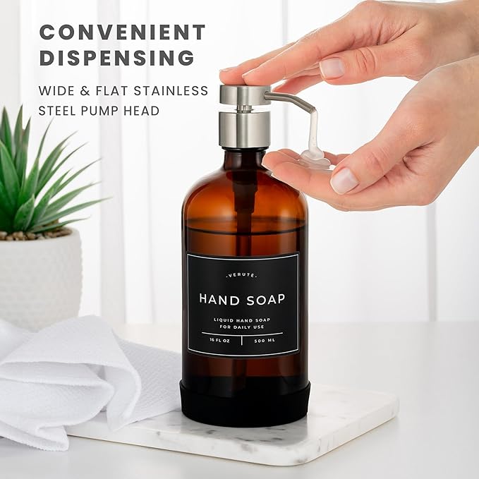 Hand and Dish Soap Dispenser for Kitchen and Bathroom, Set of 2 16 Oz Glass Bottles, Stainless Steel Pumps, Non-Slip Silicone Base, 27 Waterproof Labels (Amber Bottle/Brushed Silver Pump)