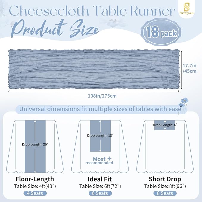 Showgeous 18 Pack Dusty Blue Cheesecloth Table Runner, 17 x 108 Inches | Boho - Image 2