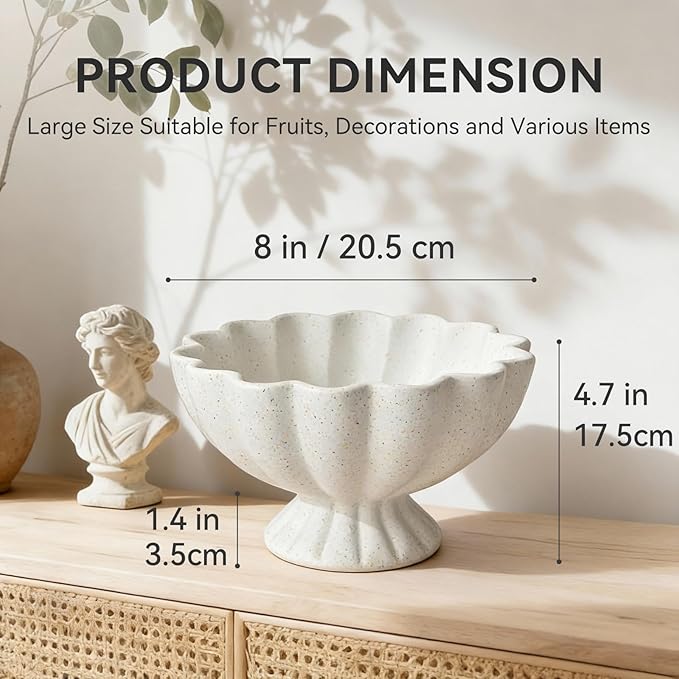Pedestal Decorative Bowl Home Decor - Morden Handicraft Decorative Fruit Bowl for Kitchen Counter, Chic Ruffle Bowl Centerpiece Decor for Dining Table Coffee Table (Spotted White)
