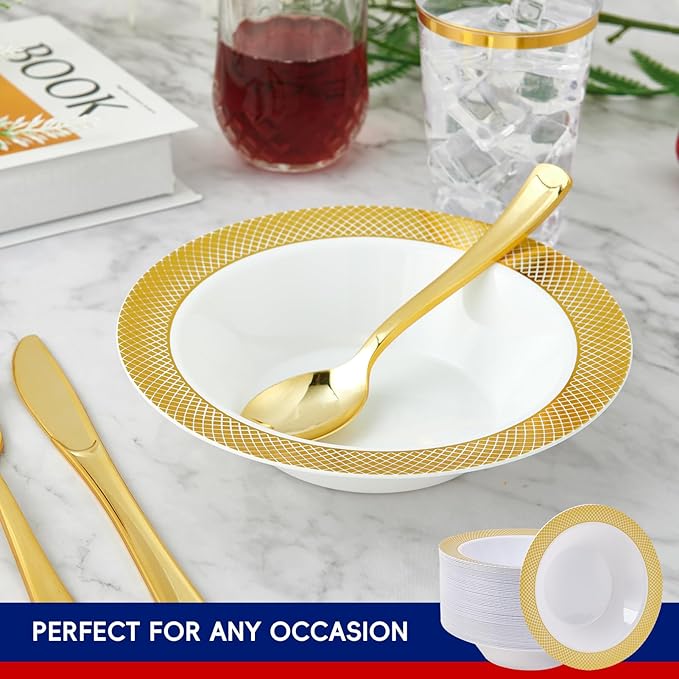 JOLLY CHEF 100 Disposable Plastic Bowls, 12oz Heavy Duty Disposable Dinner Bowls, Dessert Bowls with Gold Rim for Party, Dinners, Catering, Thanksgiving and Everyday Use