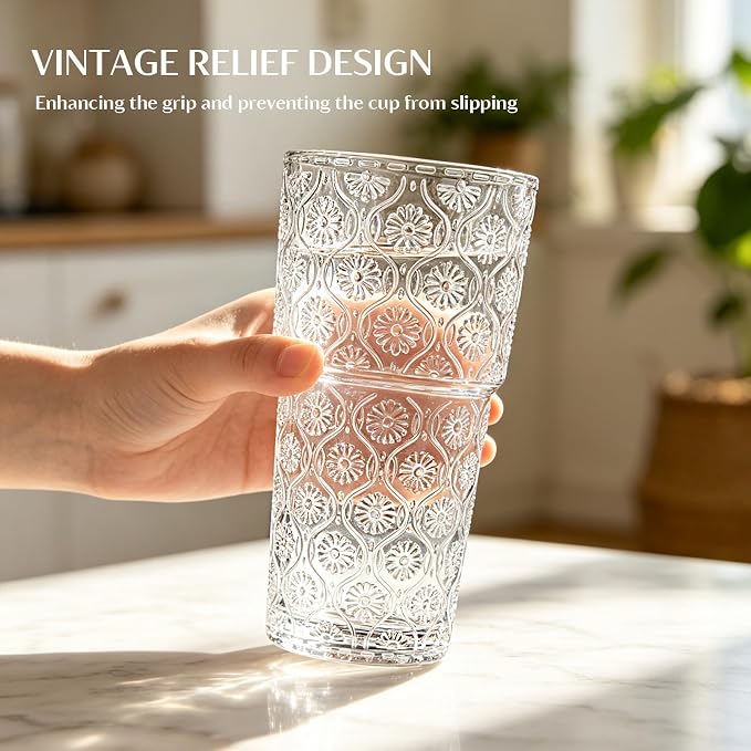 INSETLAN 20oz Begonia Flower Glass Cups Set of 4, Vintage Drinking Glasses - Image 2
