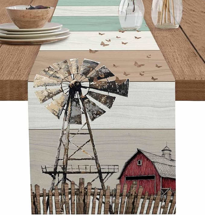 Farmhouse Windmill Table Runners 108 Inches Long, Cotton Linen Fabric Table by Edwiinsa