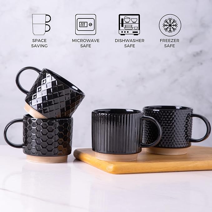 GBhome 12 OZ Stackable Coffee Mugs Set of 4, Ceramic Black Coffee Cups Set | - Image 7