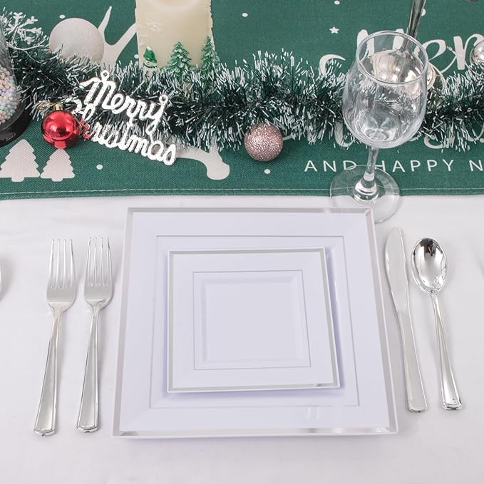 Liacere 100PCS White and Silver Square Plastic Plates - 50PCS Heavy Duty 9.5inch White Dinner Plate and 50PCS 6inch Dessert Plates-Silver Disposable Plate for Party＆Wedding＆New Year&Chrismas