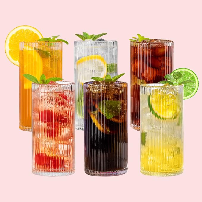 Ribbed Glassware Vintage Drinking Glasses 6Pcs -13OZ Clear Ribbed Drinking - Image 8