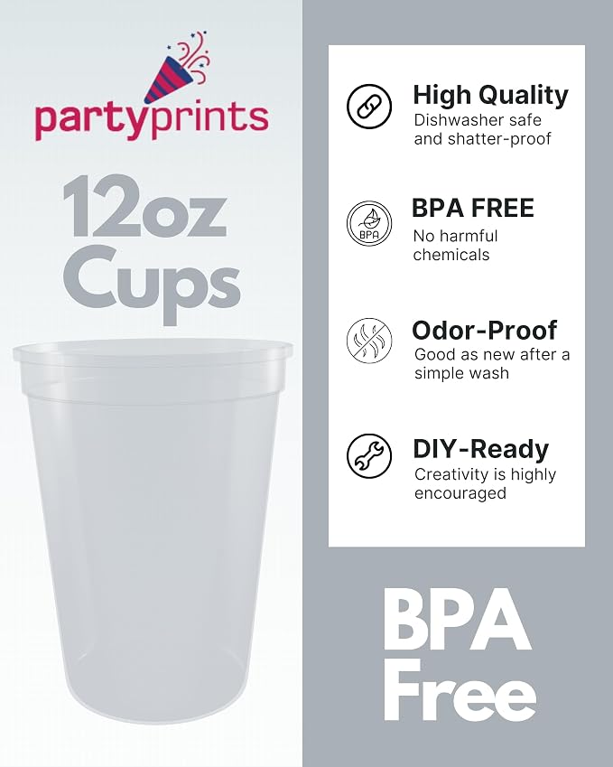 PartyPrints 100 Pack Small 10 to 12 oz Clear Reusable Blank Plastic Cups - Image 3