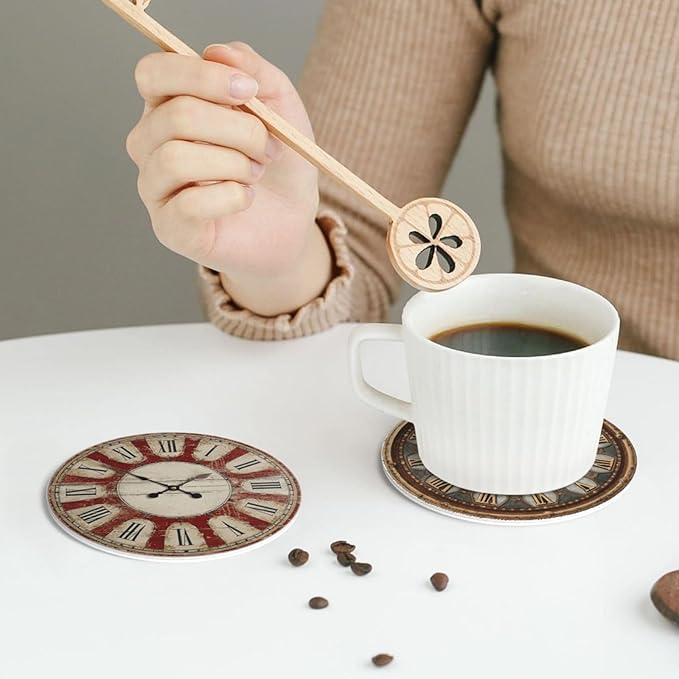 Clock Coasters for Drinks with Holder Round Leather Coasters Set of 6 Cups Mugs Mat Pad for Home Kitchen Bar