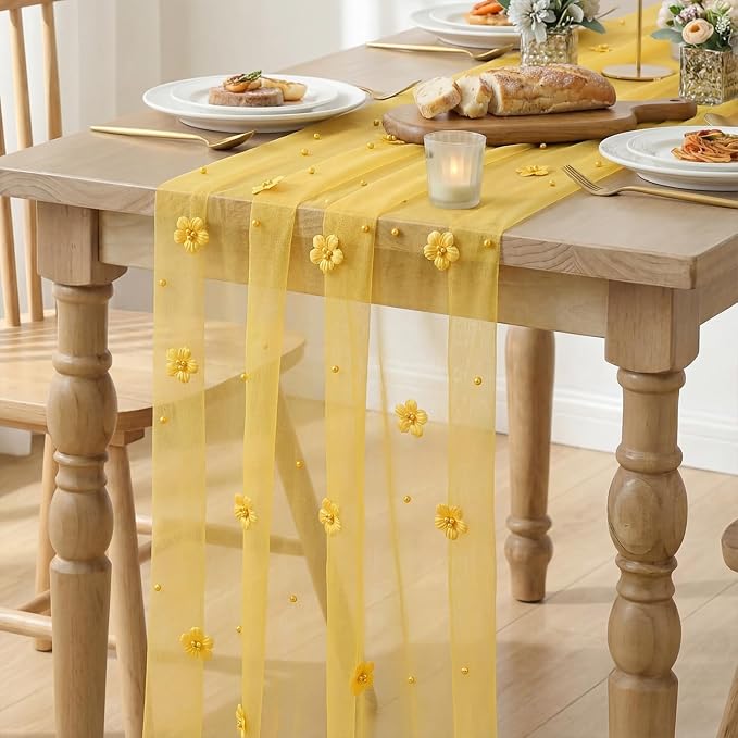 Artoid Mode Yellow Flower Pearl Yellow Gauze Table Runner 10FT, Seasonal Sheer - Image 3