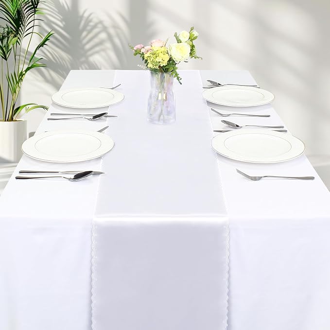 VACVELT White Satin Table Runners, 12x72 Inch, 12 Pack, Scalloped Edge | Silky - Image 8