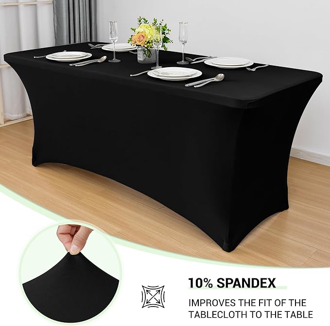 Obstal 6 Pack Stretch Spandex Table Covers for 4 Foot Tables - 4 FT Universal Rectangular Fitted Tablecloth Protector for Wedding, Banquet, Party (Black, 48 Length x 24 Width x 30 Height Inches)