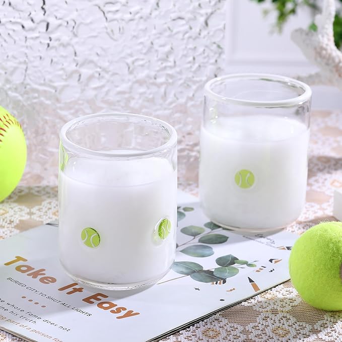 Icon Juice Glasses, 14oz Stemless Wine Drinking Juice Glass Cup for Valentine Party Supplies Gift(2 Pcs,Tennis Ball)