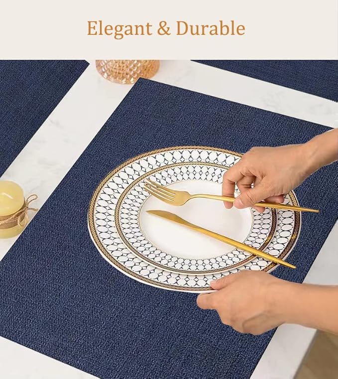 DACHUI Placemats Set of 6, Linen Look Woven Place Mats, Water Resistant, Heat Resistant, Washable, Durable Table Mats (Navy Blue)