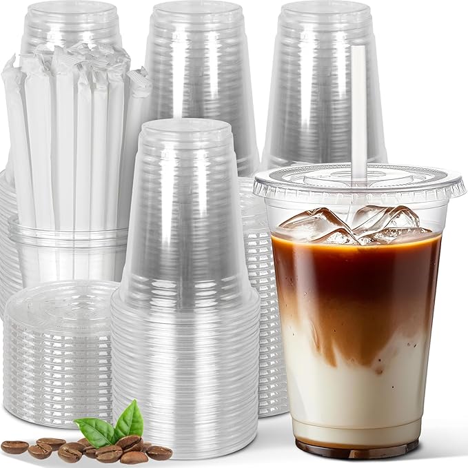 Charmount 50 Sets 16 oz Plastic Cups with Lids and Straws, Disposable Cups for Iced Coffee, Smoothie, Milkshake, Cold Drinks - Clear