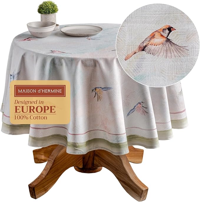 Maison d' Hermine Table Cloth Round Table 100% Cotton 69 Round Inches Tablecloth Reusable Decorative for Dining Room Farmhouse Home Valentines Day Decorations Spring Summer - Flying Birds