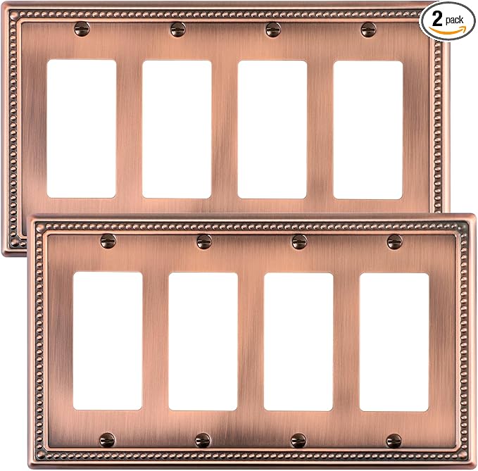 2-Pack Quad Decorator Outlet Cover Plate, Antique Copper Pearls Decorative Switch Plates and Outlet Covers, Metal Wall Plates for Electrical Outlets, Receptacle, GFCI Outlet, Dimmer Switch