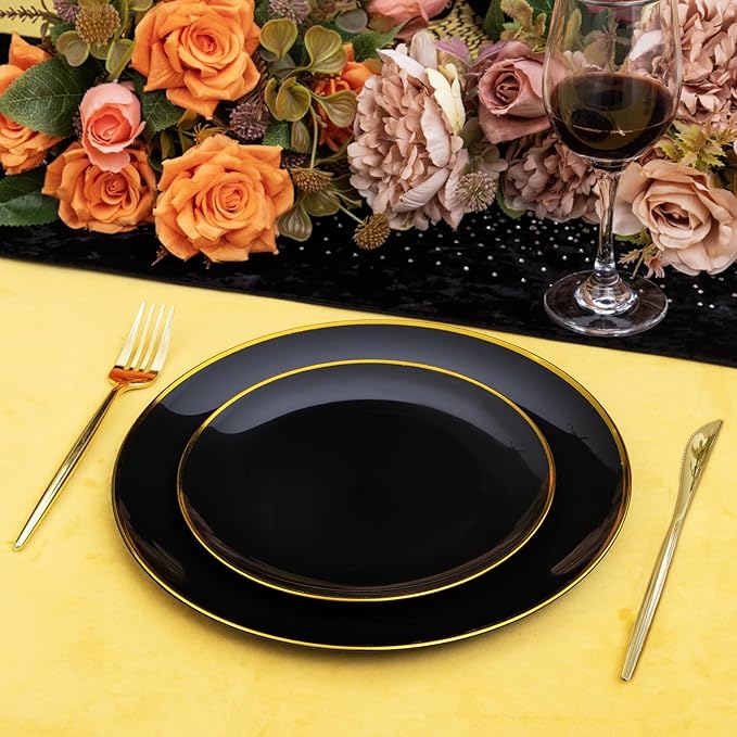 EI 180pcs Black Plastic Plates Black and Gold Disposable Plates Gold Plastic Dinnerware Set Silverware and Cups for Birthday,Wedding,Festival,Party Graduation,Spring Afternoon Tea Business Event