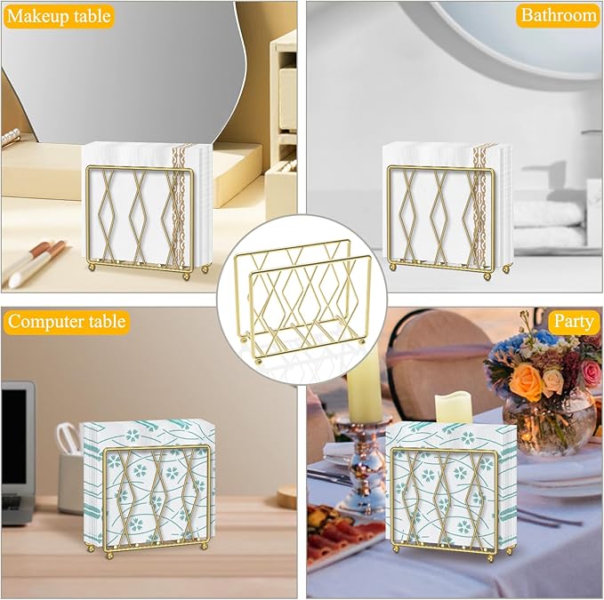 Napkin Holder for Table, Modern Metal Napkin Holders for Paper Napkins & Kitchen Dining & Countertops, Cocktail Upright Napkin Holder Dispenser Suitable for All Room Decors (Large, Gold)