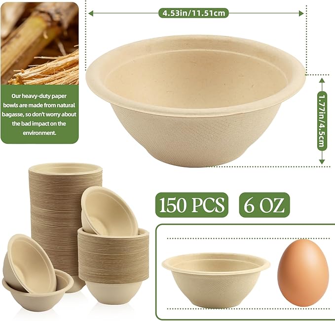 LeonBach 150 Pack 6oz Natural Bagasse Fiber Bowls, Small Disposable Paper Bowls Microwavable Safe Sample Snack Cups Charcuterie Serving Cups for Sauce Portion Condiment Ice Cream Desserts