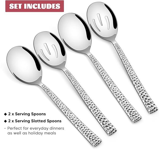 E-far Hammered Serving Spoons, 4-Piece Stainless Steel Serving Utensils Set Includes Slotted & Solid Spoons, Metal Hostess Tablespoons for Catering Buffet Party Kitchen Restaurant