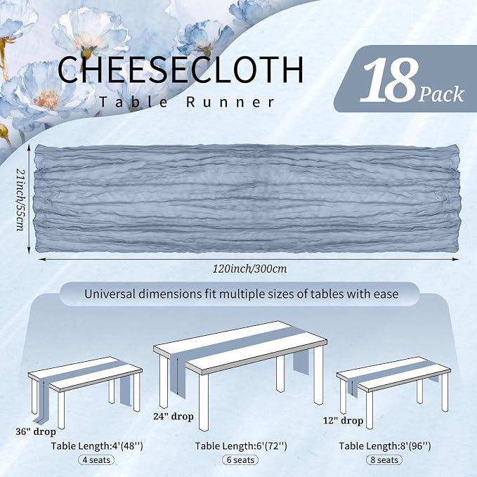 18 Pack Cheesecloth Table Runner 10FT Dusty Blue Table Runner Boho Gauze Cheese - Image 2