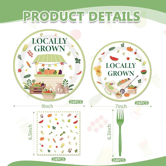 EUOYUFO 96Pcs Locally Grown Baby Shower Paper Plates Napkins Forks Locally - Image 2