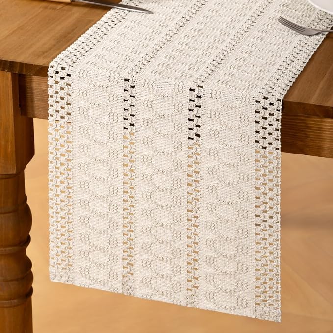 Ivory Boho Table Runner Farmhouse Macrame Woven Table Runner 12x48 Inch | Small - Image 4