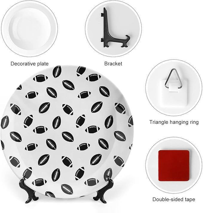 Decorative Plates, American Football Print Ornament, Monochrome Pattern Black Rugby Balls Sports, 8 Inch, Kitchen Wall Decor, Black White