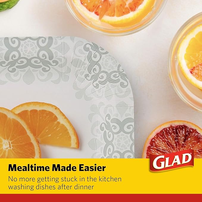 Glad Square Disposable Paper Plates, Grey Victorian Pattern - Strong, Sturdy, Soak Proof, and Microwavable Decorative Plates for Dinner and Everyday Use, 7 Inch, 50 Count - 12 Pack