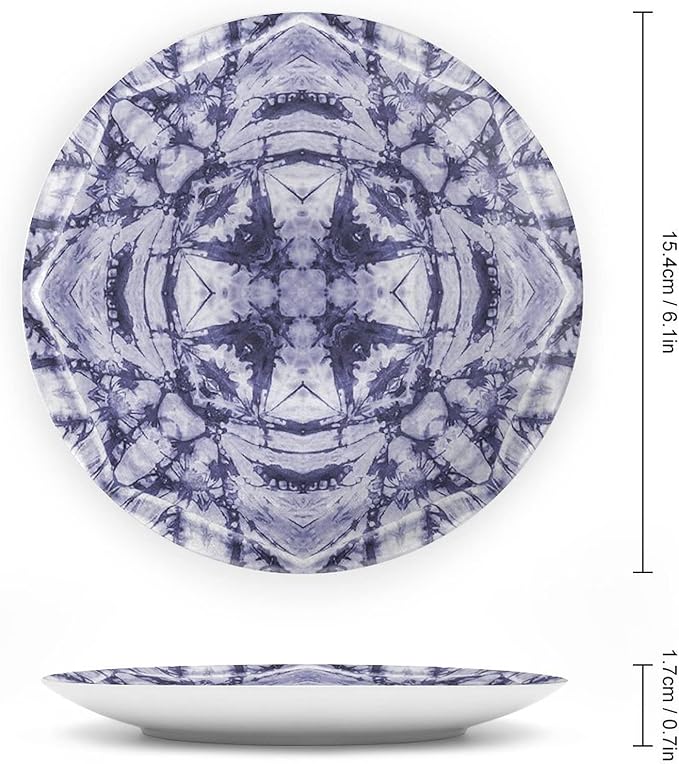 Ceramic Display Plate, Abstract Ceramic Hanging Decorative Plate, Modern Art Generated Resisting Twisting Fractal, 7 Inch, Living Room Kitchen Decoration Household, Lavender Blue Indigo