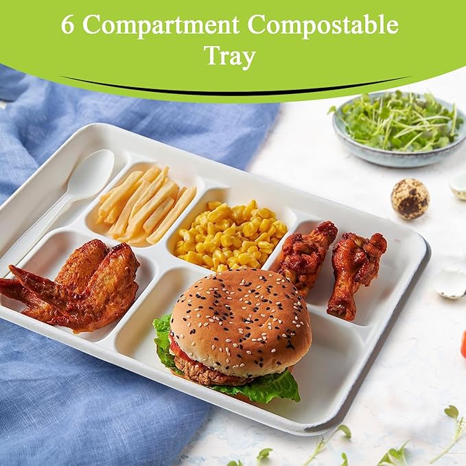 three leaf 6 COMPARTMENT BAGASSE TRAY 150 Ct. Heavy-Duty- Super Strong- Natural- Eco-Friendly Disposable Bagasse Plates, 100% Biodegradable 6 Compartment meal Plates