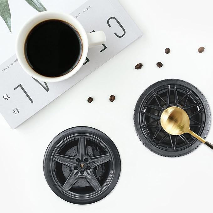 Tire Pattern Coasters for Drinks with Holder Round Leather Coasters Set of 6 Cups Mugs Mat Pad for Home Kitchen Bar