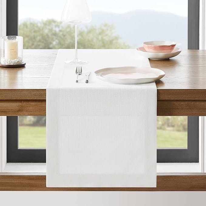 Linen Textured Border Table Runner, 14 x 48 Inch White | Mitered Corner Design by ZEEMARTONLINE