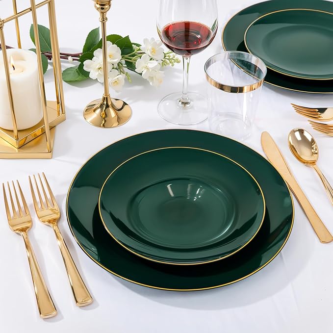 Nervure 100Pcs Green and Gold Plastic Plates - 7.5inch Disposable Green Dessert/Salad Plates - Heavy Duty Plastic Plate Ideal for Wedding & Party