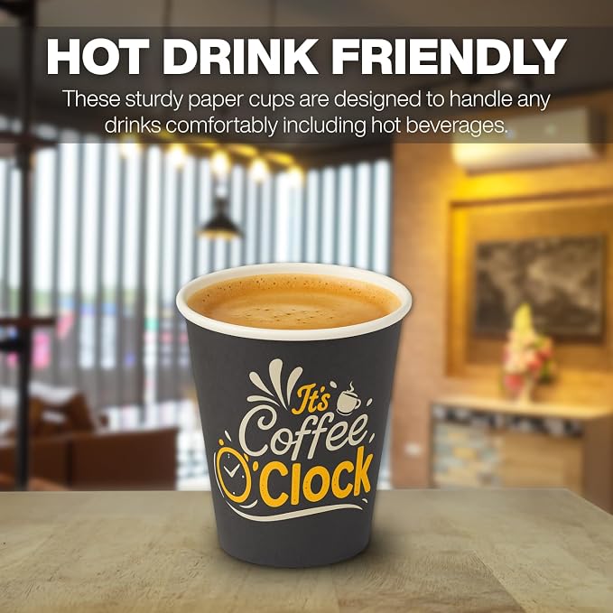 Disposable Coffee Cups with Lids, To Go Paper Hot Cups, Coffee O'Clock Design - Image 3