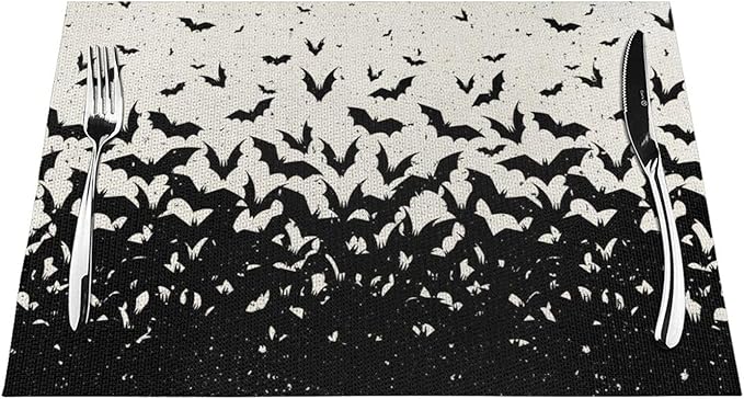 Halloween Placemats 12x18 Inches Set of 4,Black Bat Decorative Autumn Halloween Decoration Rectangle Black Linen Table Mats for Party Home Kitchen Dining Table Decoration
