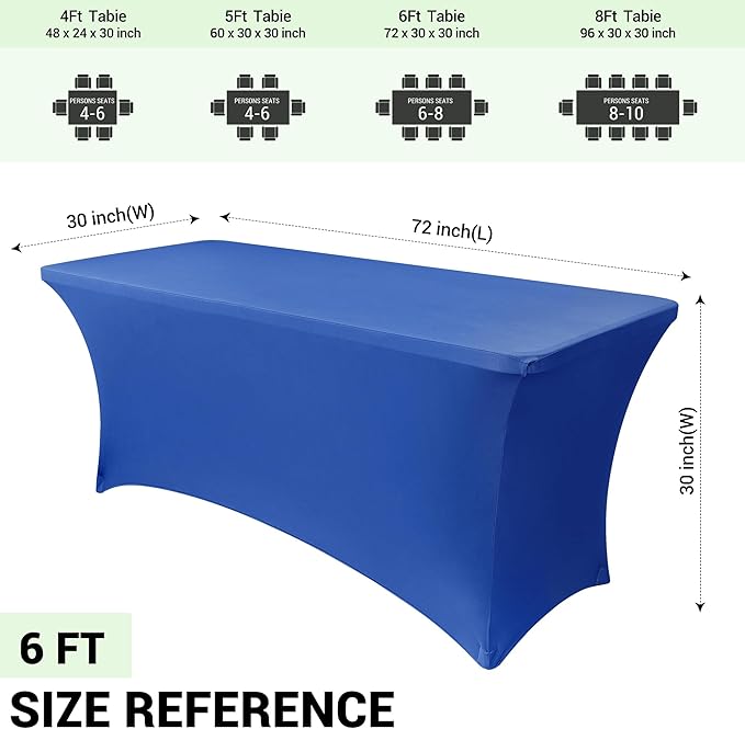 Obstal 6 Pack Stretch Spandex Table Covers for 6 Foot Tables - 6 FT Universal Rectangular Fitted Tablecloth Protector for Wedding, Banquet, Party (Royal Blue, 72 Length x 30 Width x 30 Height Inches)