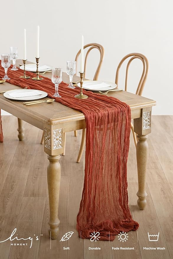 Ling's Moment Terracotta Cheesecloth Table Runner, 168 Inch, Burnt Orange | 14FT - Image 2