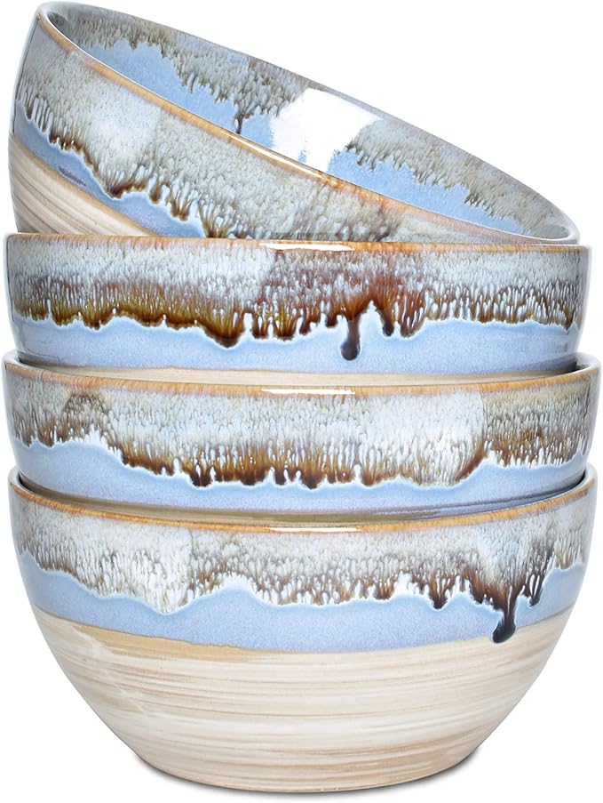 Bosmarlin Stoneware Soup Bowl Set of 4, 26 Oz, Cereal Bowl for Oatmeal, Dishwasher and Microwave Safe, Reactive Glaze (Blue, 6 in)