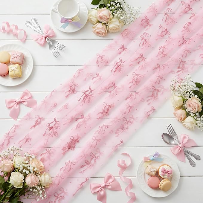 4 Pcs Pink Bow Table Runners 29 x 70 Inch Pink Tulle Lace Table Runner Coquette - Image 2