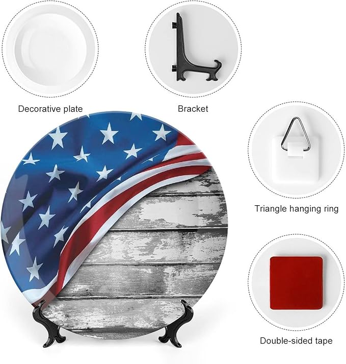 Ceramic Display Plate, American Flag Decor Ceramic Hanging Decorative Plate, Flag Over Antique Rustic Rippled Board, 10 Inch, Living Room Kitchen Decoration Household, Grey Navy