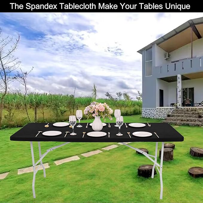 4 Pack Spandex Tablecloth Table Top Cap Cover Washable Elastic Rectangle Tablecloth for 8 FT Folding Tables for Indoor Outdoor Party (96 x 30 Inches, Black)