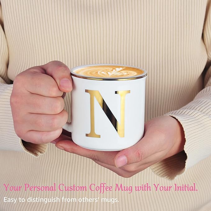 Miicol Ceramic Coffee Mug 16 oz, Monogram Coffee Cup, Golden Initial Tea Mug, Personalized Tea Cup, Unique Gift, Large Mug for Home, Office, Letter N