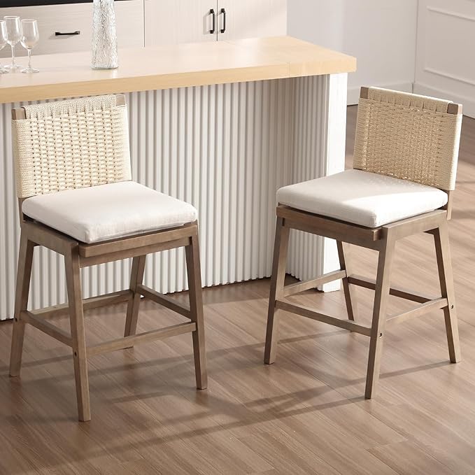 Counter Height Bar Stools Set of 2, 27” Linen Fabric Upholstered Counter Stools with Back, Modern Woven Barstools Mid Century Farmhouse Wooden Bar Chairs for Kitchen Island Dining Room, Beige