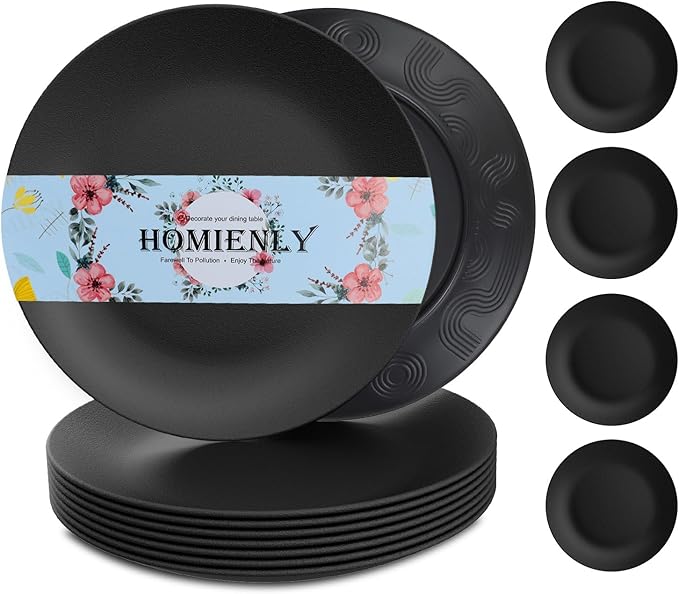 Homienly Black Dinner Plates Set of 8, 10 inch, Reusable, Unbreakable, Microwave & Dishwasher Safe, Wheat Straw Plates for Camping, Kitchen, Party, All Occasions