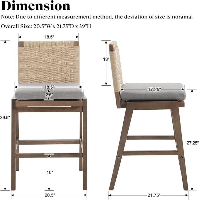 Mid Century Modern Counter Height Barstools Set of 2, 27” Linen Upholstered Counter Stools with Rope Woven Back Wooden Farmhouse Bar Stools for Kitchen Island Dining Room,Grey